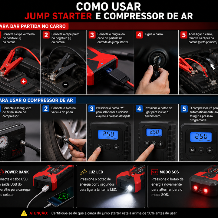 JUMP STARTER E COMPRESSOR DE AR PORTÁTIL